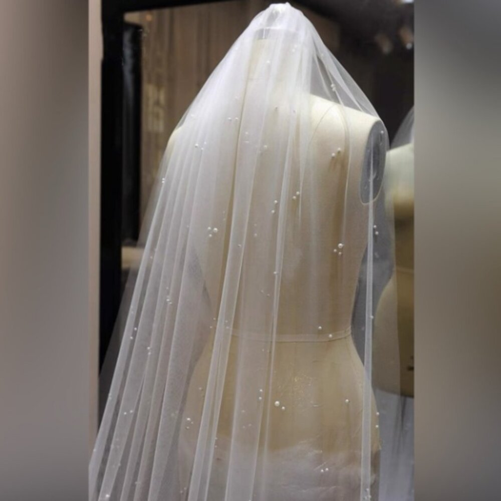 Beaded Pearl Wedding Veil Chapel Length